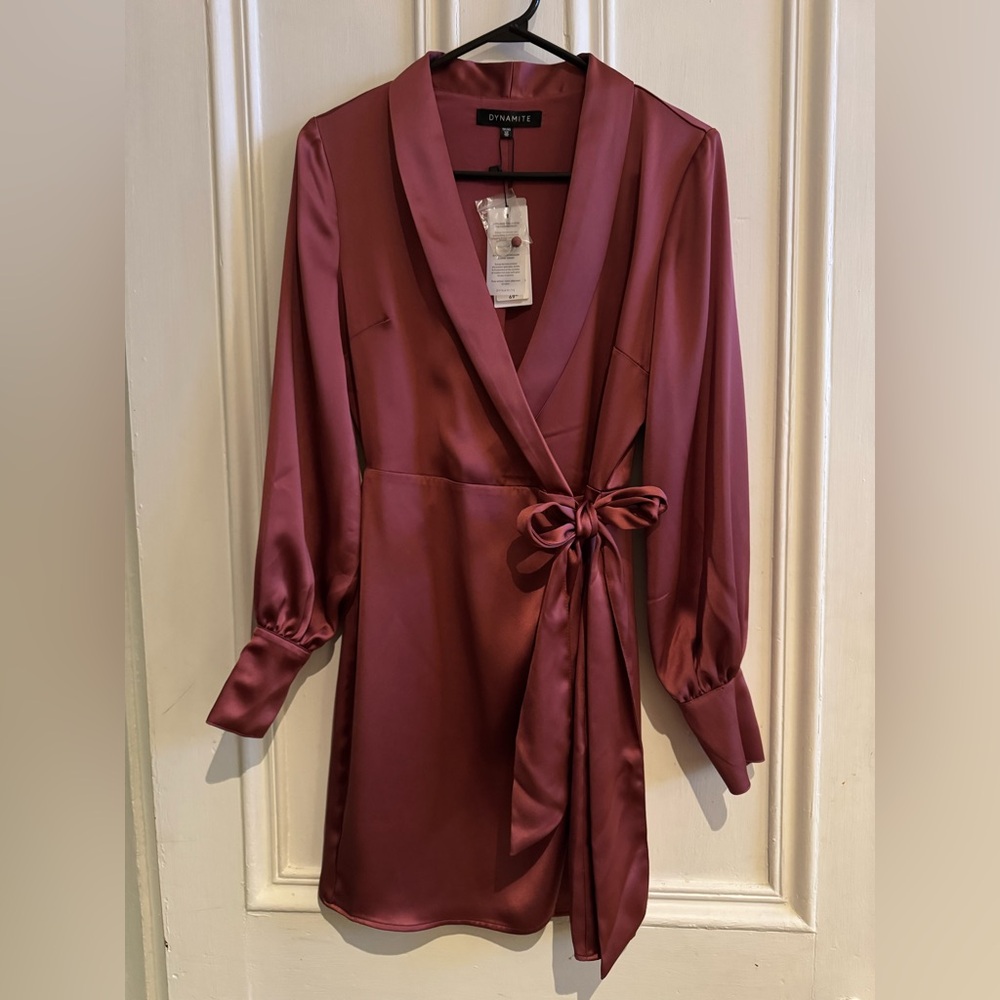 Dynamite Satin Wrap Dress in Mauve